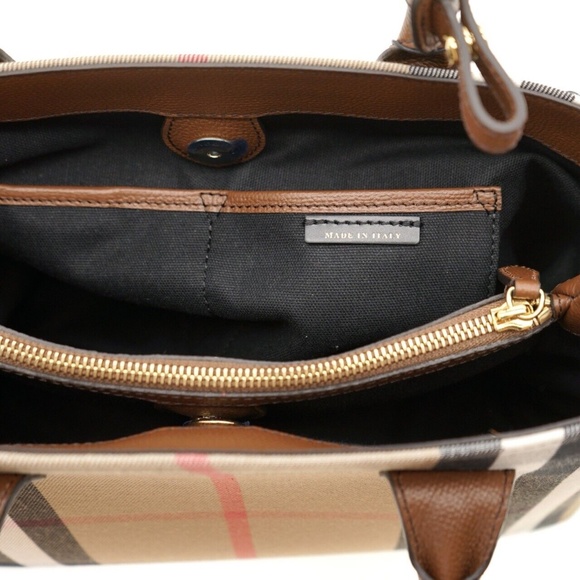 Burberry Banner Medium Tote Shoulder Bag Check Canvas Tan New - Picture 7 of 10